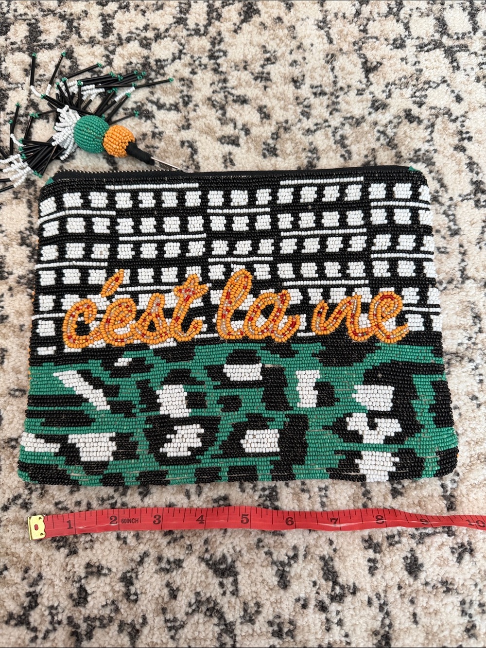 Beaded 'c'est la vie' Clutch in Black, White & Green